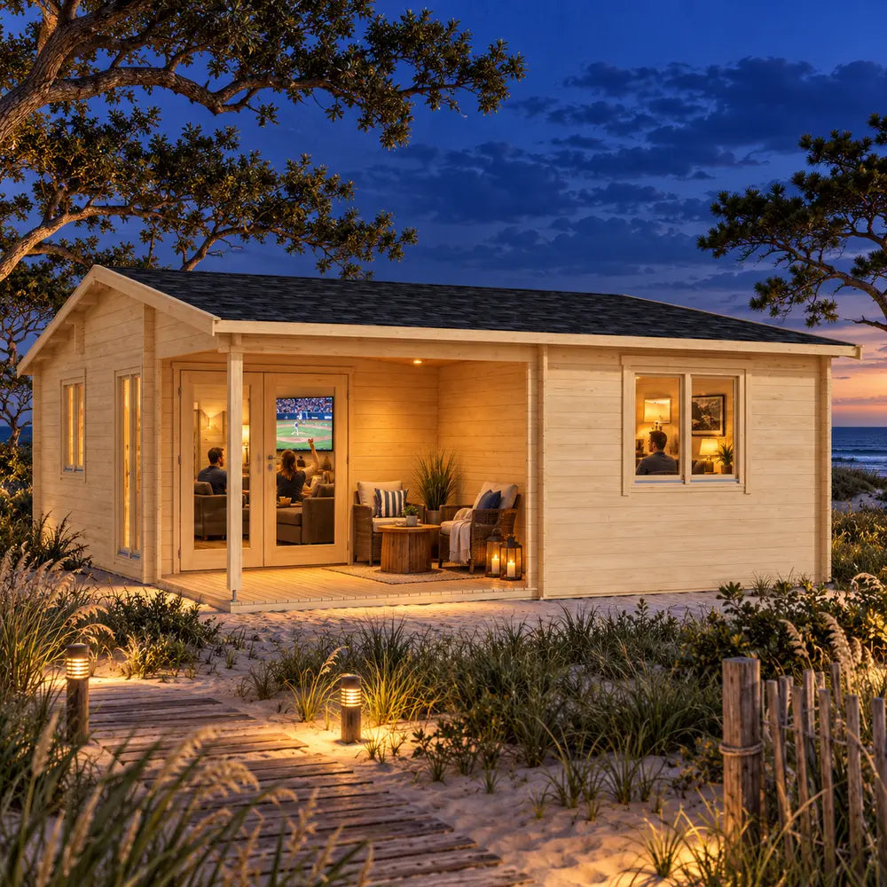 Illuminated Skanderborg 44 Freedom Suite beside the North Carolina Outer Banks at night, framed by sandy dunes, sea oats and wind-shaped coastal trees, with adults watching a ballgame inside.