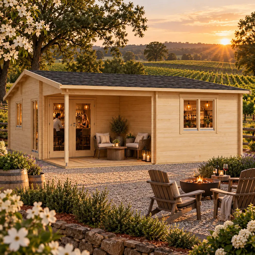Skanderborg 44 Freedom Suite glowing at sunset in North Carolina’s Yadkin Valley, surrounded by vineyard rows, flowering dogwoods and mature oaks, with an upscale entertainment bar and two adults visible inside.
