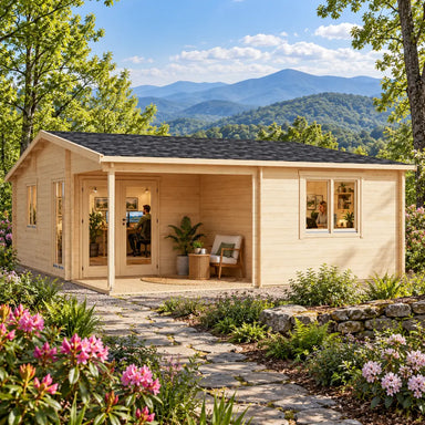 Skanderborg 44 Freedom Suite shown from a front-left angle in western North Carolina, surrounded by flowering rhododendrons, native woodland and layered Blue Ridge Mountains, with two people working inside a bright home office.