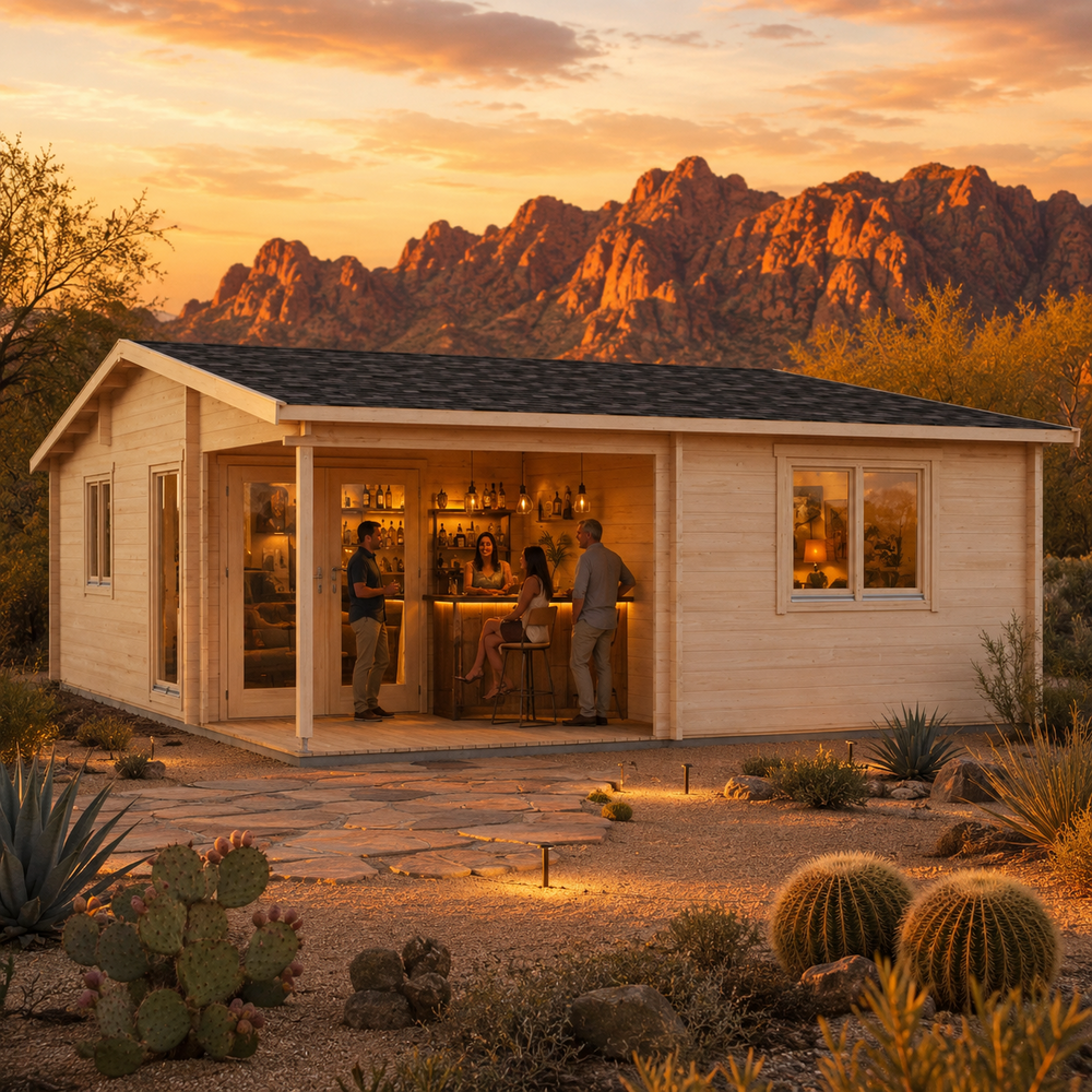 Skanderborg 90 transformed into a welcoming backyard bar at golden hour, with adults socializing amid cactus gardens and glowing Arizona mountain scenery.