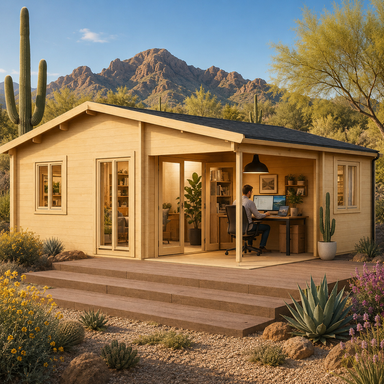 Skanderborg 90 one-bedroom suite configured as a sunny home office, surrounded by saguaro cacti, desert flowers, palo verde trees, and rugged Arizona mountains.