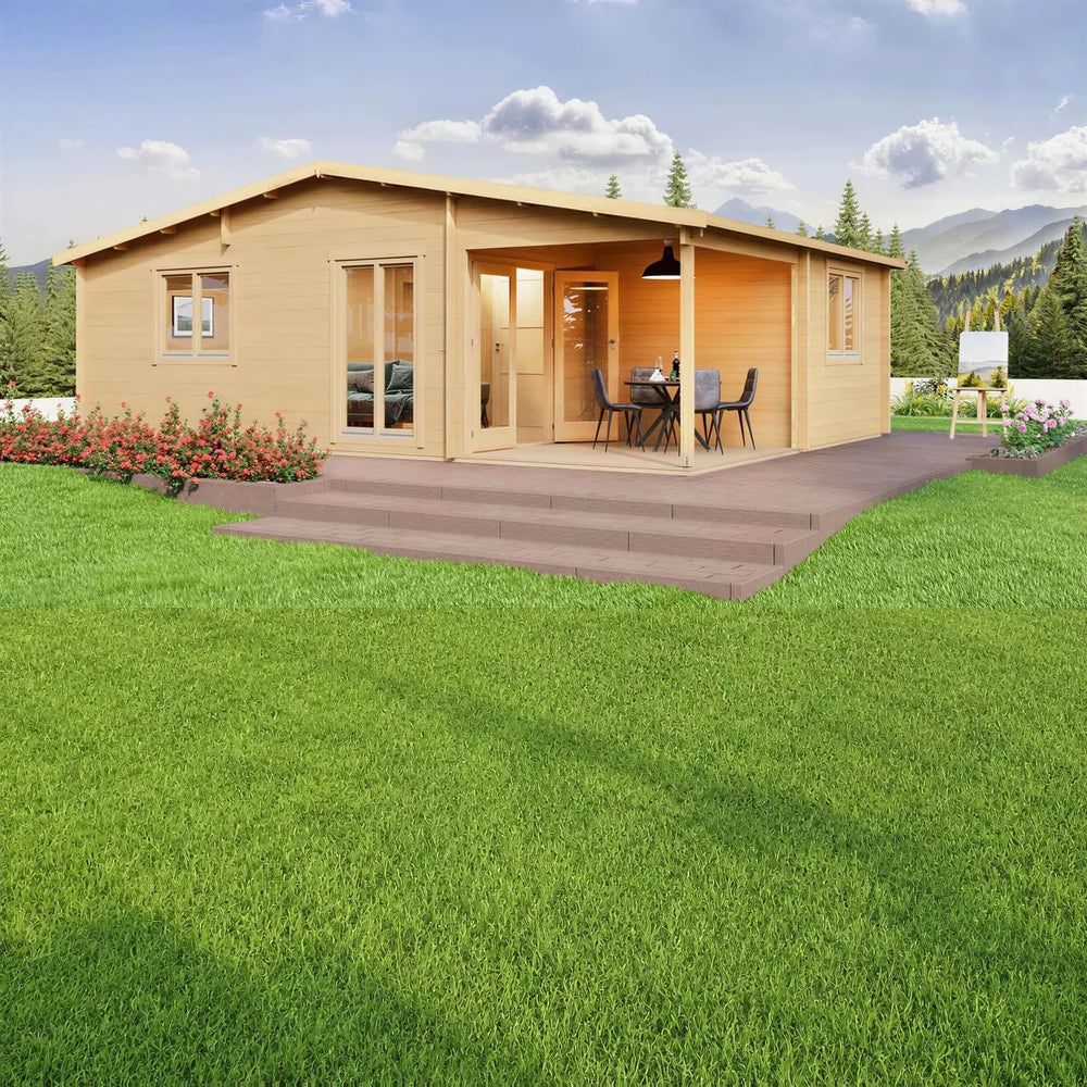 GardenHouse24 USA Skanderborg 90 Garden Room is depicted with flowers, mountains in the background, and a relaxing natural atmosphere