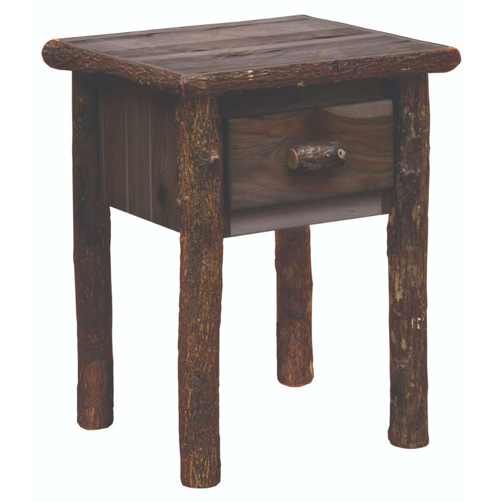 Slate Fireside Lodge Hickory Log One Drawer Nightstand shown with dark wood tones, log legs, and one drawer