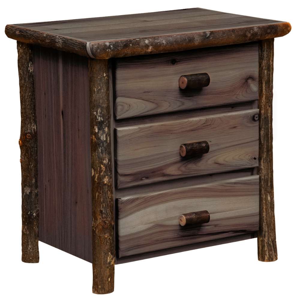 Slate Fireside Lodge Log XL Three Drawer Nightstand is a dark gray-toned nightstand with three drawers and rugged log corner posts