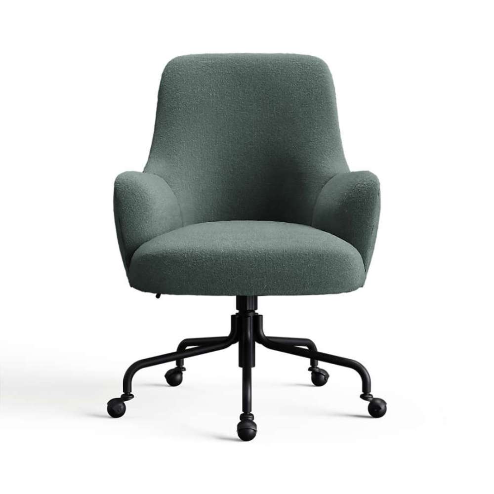 Slate Palisades Recycled Chenille Crate & Barrel Bellevue Upholstered Office Chair in slate blue-green chenille with rounded arms and a black rolling caster base