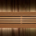 Slatted cedar backrest in Golden Designs Sundsvall 2 Person Traditional Sauna glowing with warm accent light above and below