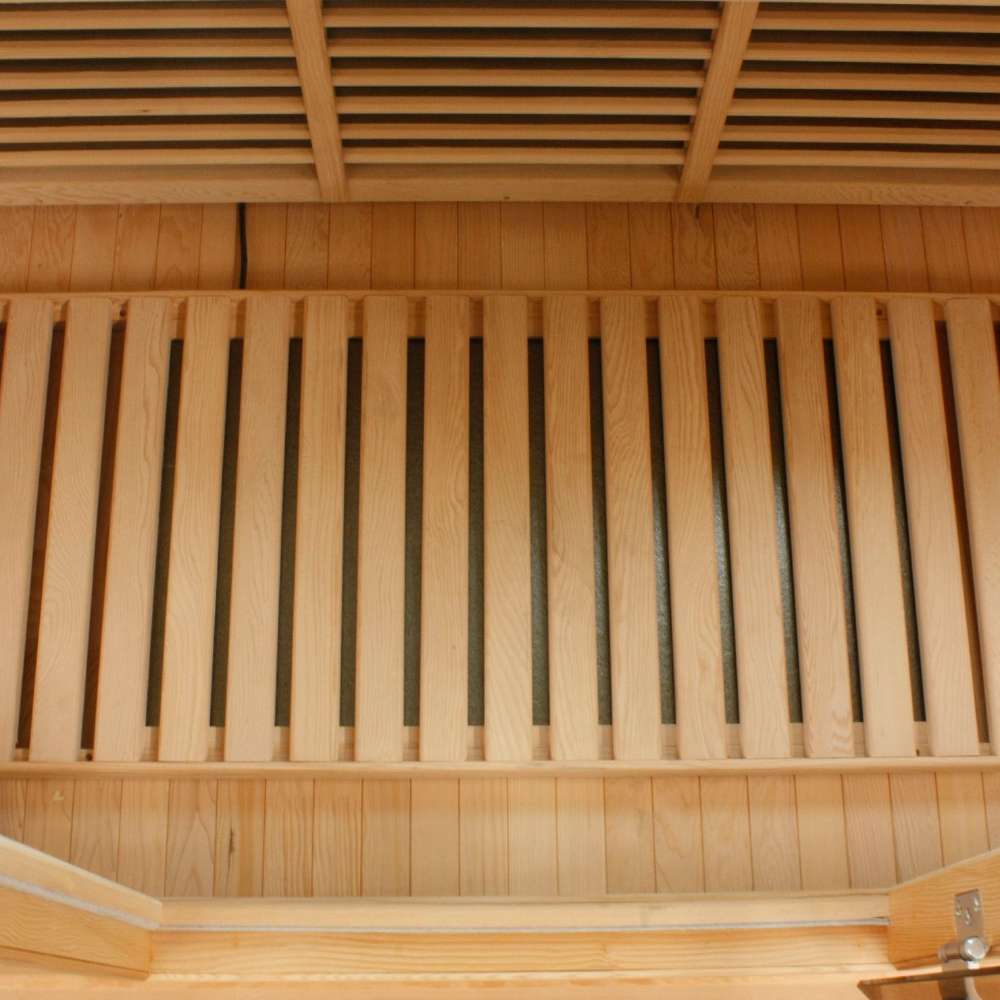 Slatted floor heater set on the cabin floor of Golden Designs Maxxus 4 Person Low EMF Far Infrared Sauna in Hemlock