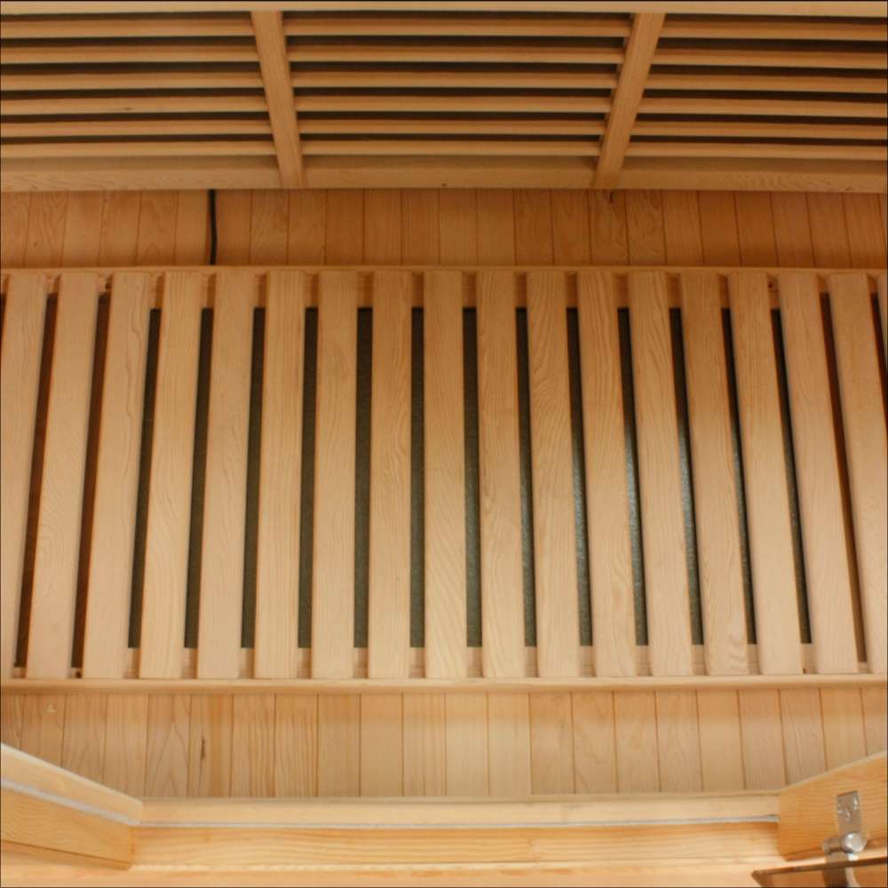 Slatted floor heater set on the cabin floor of Golden Designs Maxxus Bellevue 3 Person Low EMF Far Infrared Sauna