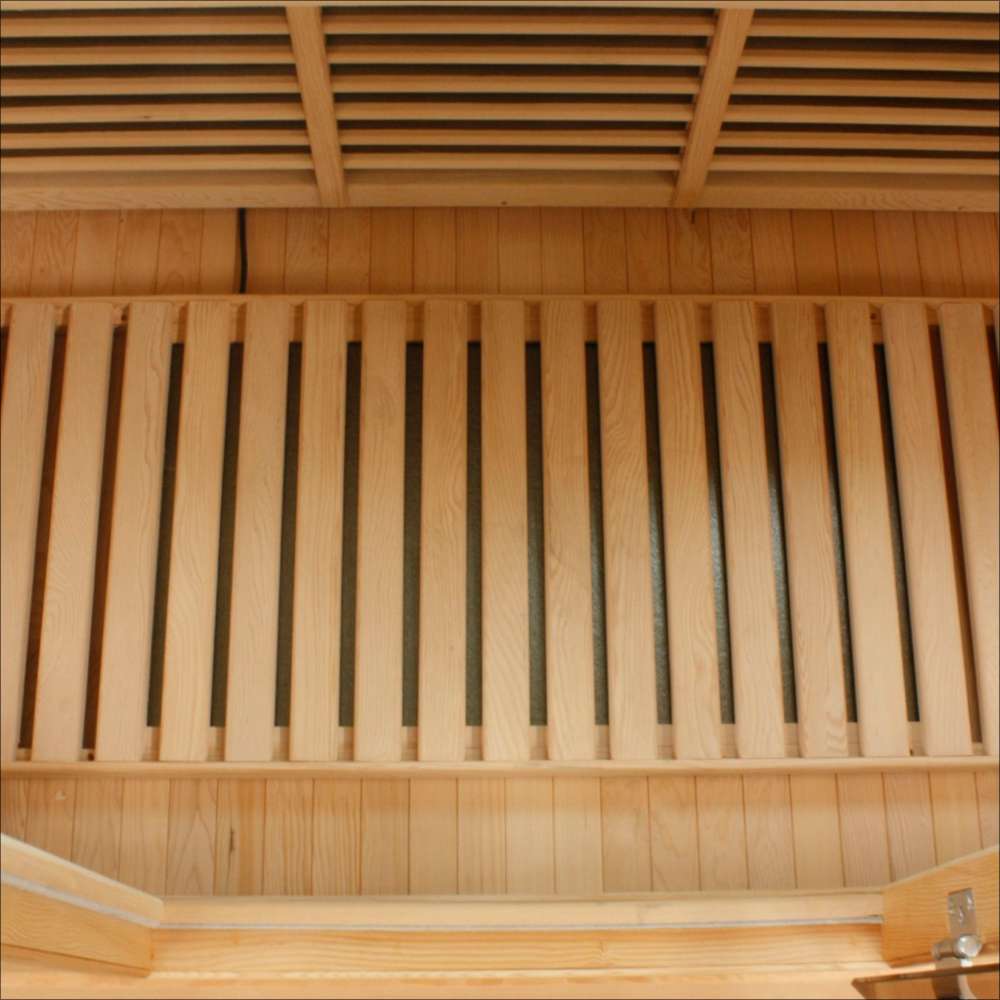 Slatted floor heater set on the cabin floor of Golden Designs Maxxus Seattle 2 Person Low EMF Far Infrared Sauna