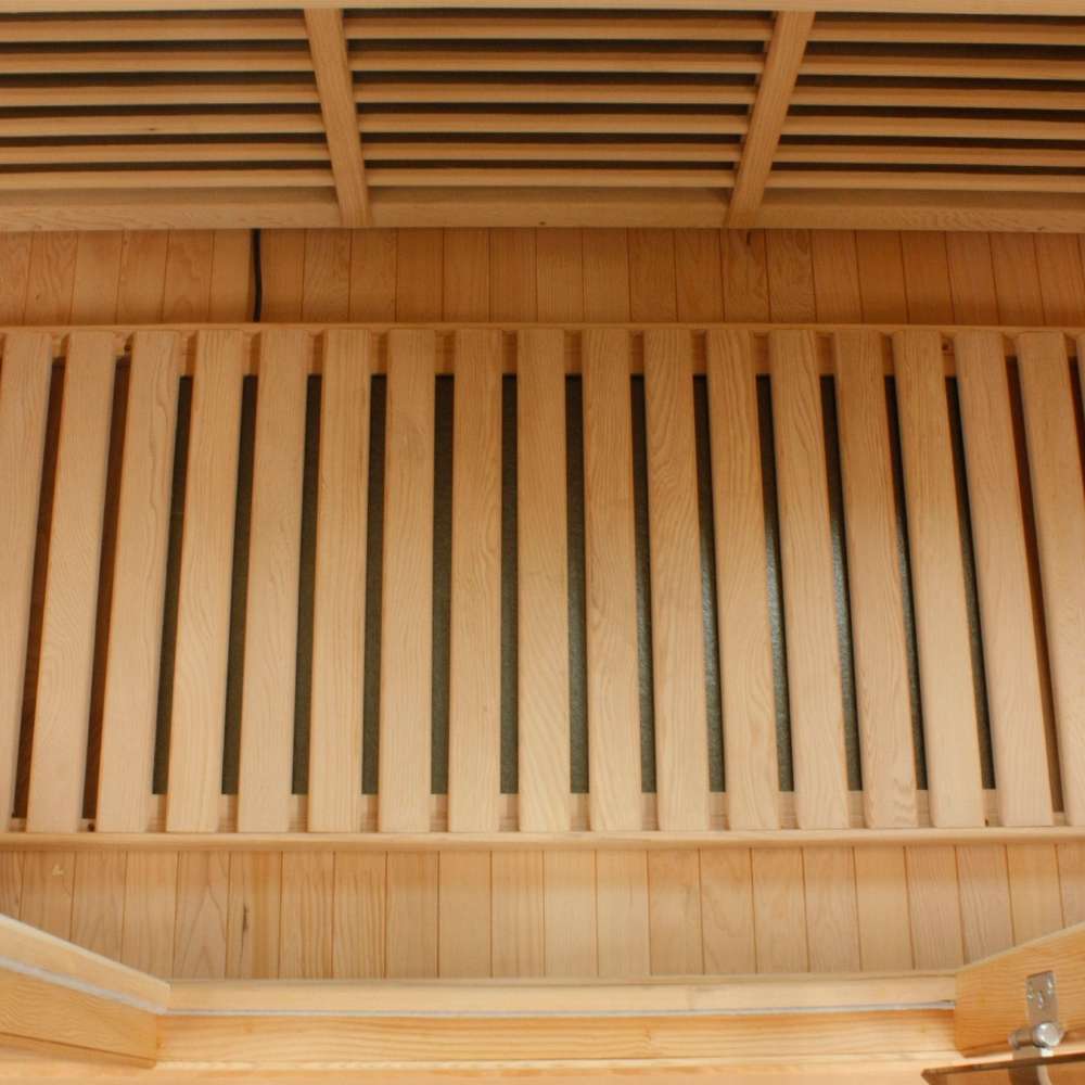 Slatted floor heater set on the cabin floor of Golden Designs Maxxus Toulose 2 Person Low EMF Far Infrared Sauna