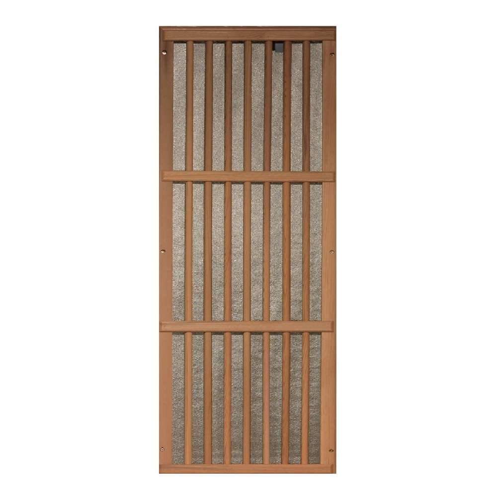 Slatted wood heater cover over a carbon panel used in Golden Designs Maxxus Avignon 3 Person Corner Near Zero EMF Far Infrared Sauna in Red Cedar