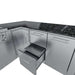 Sliding shelf inside Sunstone Rancher L-Shaped 8′11″ × 11′ Outdoor Kitchen Package showing adjustable storage space