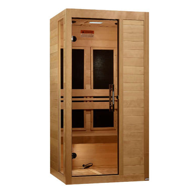 Slightly angled from the left, Golden Designs Dynamic Veneto 1-2 Person Low EMF Far Infrared Sauna shows its glass door, carbon panels and bench