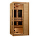 Slightly angled from the left, Golden Designs Dynamic Veneto 1-2 Person Low EMF Far Infrared Sauna shows its glass door, carbon panels and bench
