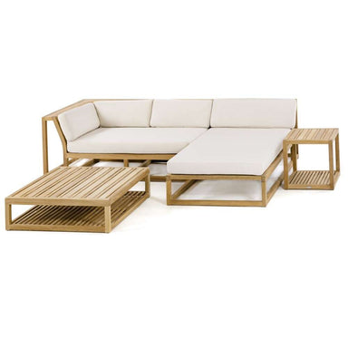 Slightly elevated front view of Westminster Teak Maya 4pc Lounge Set, displaying the full arrangement of sofa, chaise, coffee table, and side table with soft cushions