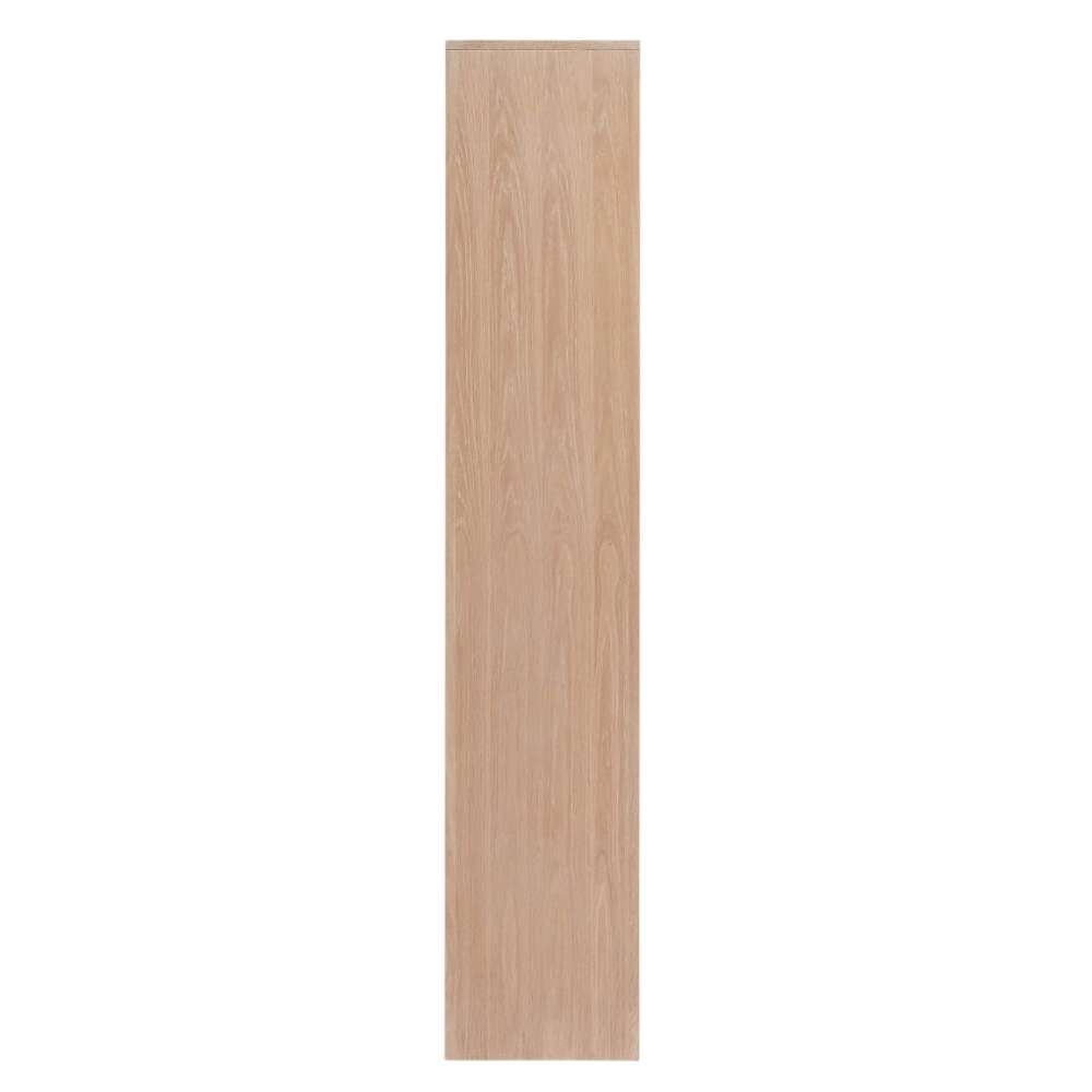 Slim side profile of Crate & Barrel Terrazza 38" Natural Solid Oak Wood 5-Shelf Storage Bookshelf shows its clean lines and natural oak wood finish