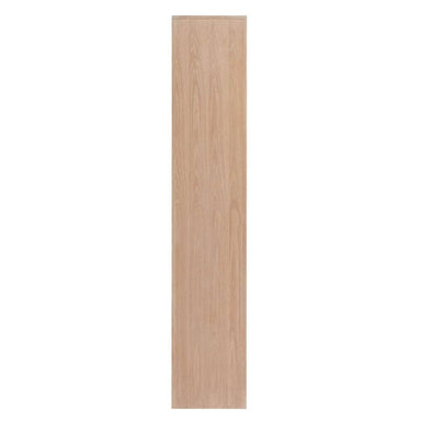 Slim side profile of Crate & Barrel Terrazza 38" Natural Solid Oak Wood 5-Shelf Storage Bookshelf shows its clean lines and natural oak wood finish
