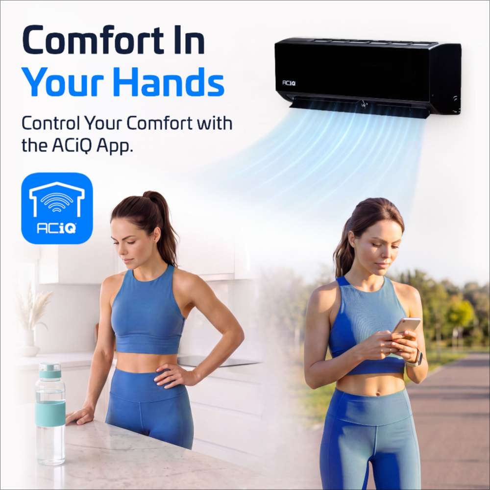 Smartphone control graphic shows app-based comfort adjustment for ACiQ 9000 BTU Essentials 21 SEER2 Single Zone Wall Mount Mini Split Heat Pump System