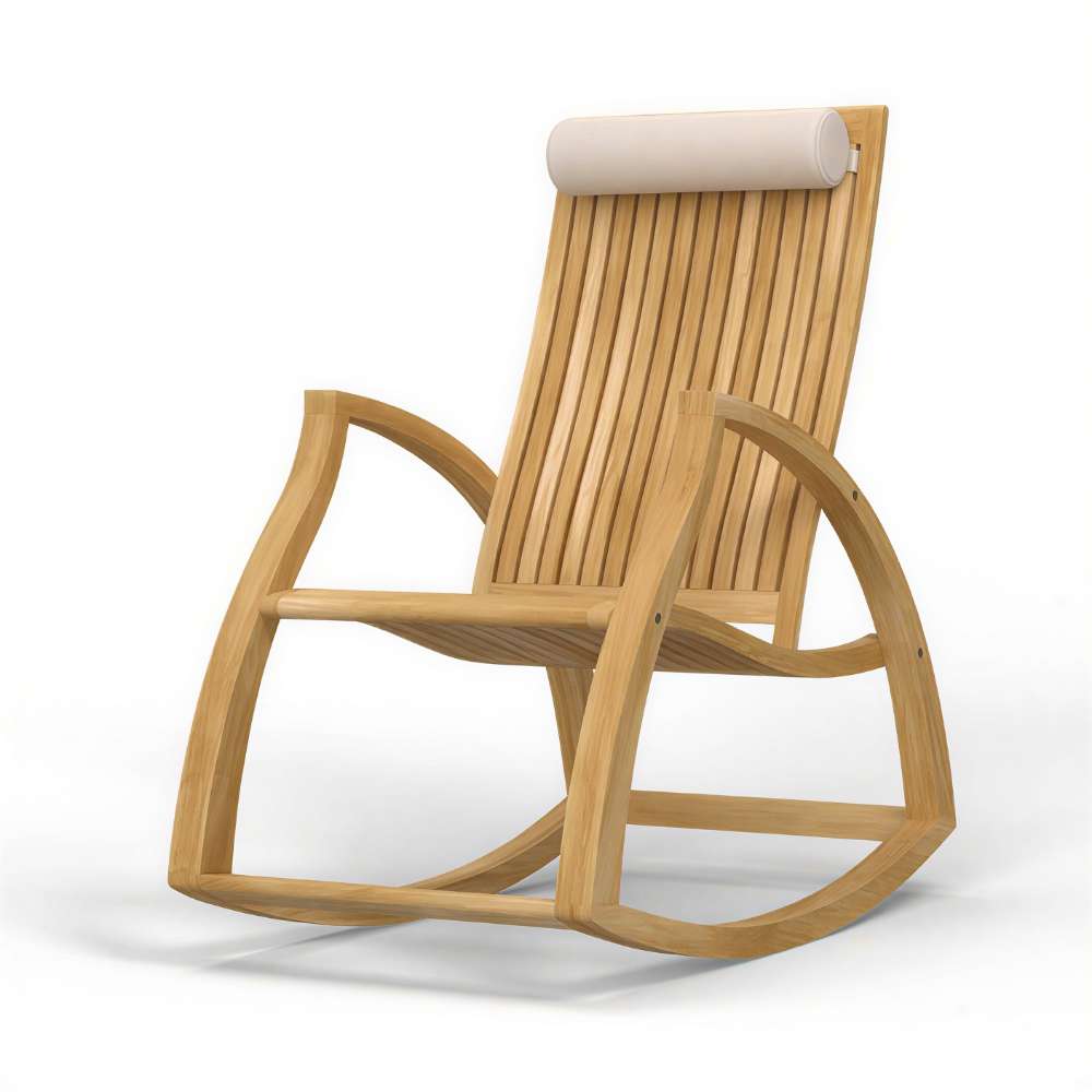 Smooth wooden rocking chair with curved arms and a slatted backrest, called Westminster Teak Aria Rocker, is shown on a plain background with a small head cushion