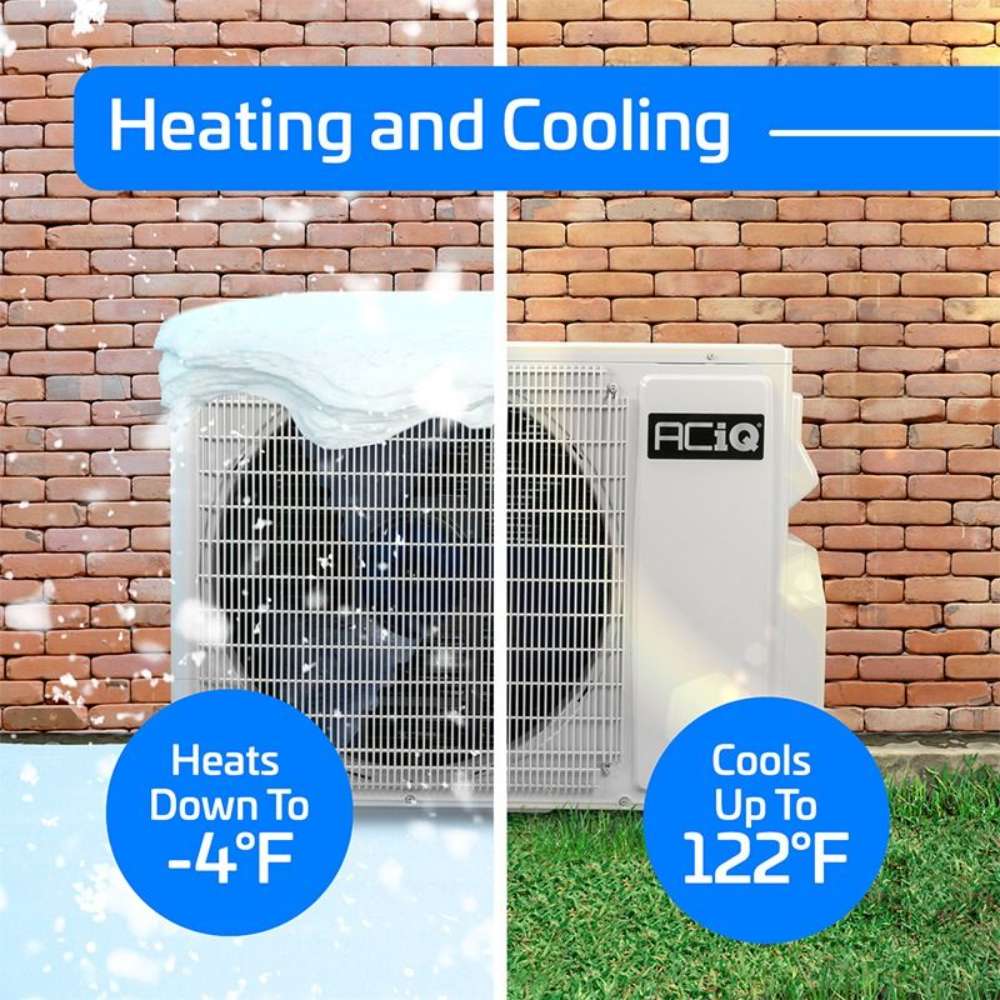 Snowy and sunny condenser scenes illustrate the heating and cooling performance of the ACiQ 18000 BTU Essentials 22 SEER2 2 Zone Wall Mount Mini Split Heat Pump System