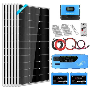 Solar panels, LiFePO4 batteries, cables, controller, and inverter make up Sun Gold Power 3000W Inverter 12VDC 120V Output LiFePO4 Battery Back-Up Off-Grid Solar Kit SGK-PRO3100ah