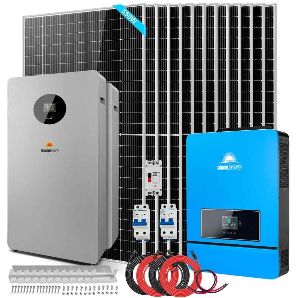 Solar panels, batteries, inverter, breakers, and cables included with Sun Gold Power 10000W 48VDC 120V/240V LifePo4 20.48KWH Lithium Battery Off-Grid Solar Kit