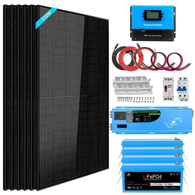 Solar panels, batteries, inverter, controller, cables, and hardware included with Sun Gold Power 6000W 48VDC 120V/240V LiFePO4 10.24KWH Lithium Battery Off-Grid Solar Kit