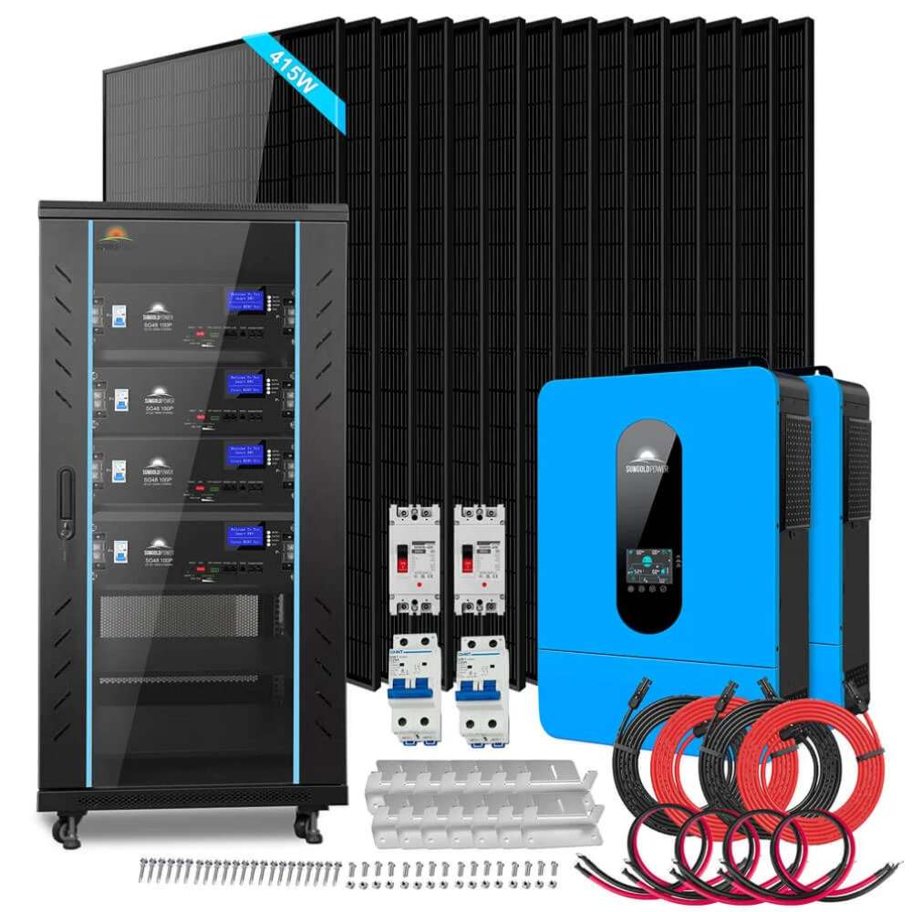 Solar panels, battery cabinet, dual inverters, and cables from Sun Gold Power 13000W 48VDC 120V/240V LiFePO4 20.48KWH Lithium Battery Off-Grid Solar Kit SGR-13KM