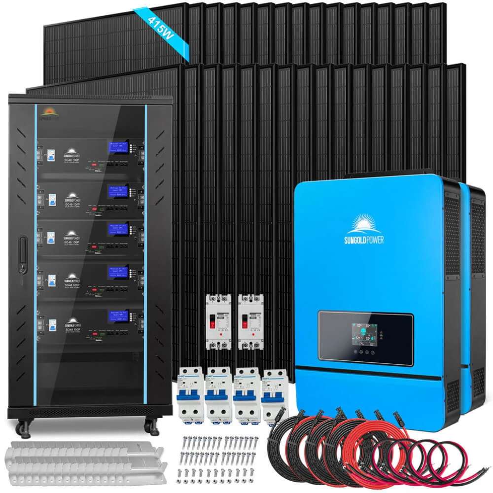 Solar panels, battery rack, inverters, and cables in Sun Gold Power 16000W 48VDC 120V/240V LiFePO4 25.6KHW Lithium Battery Off-Grid Solar Kit SGR-16K25E