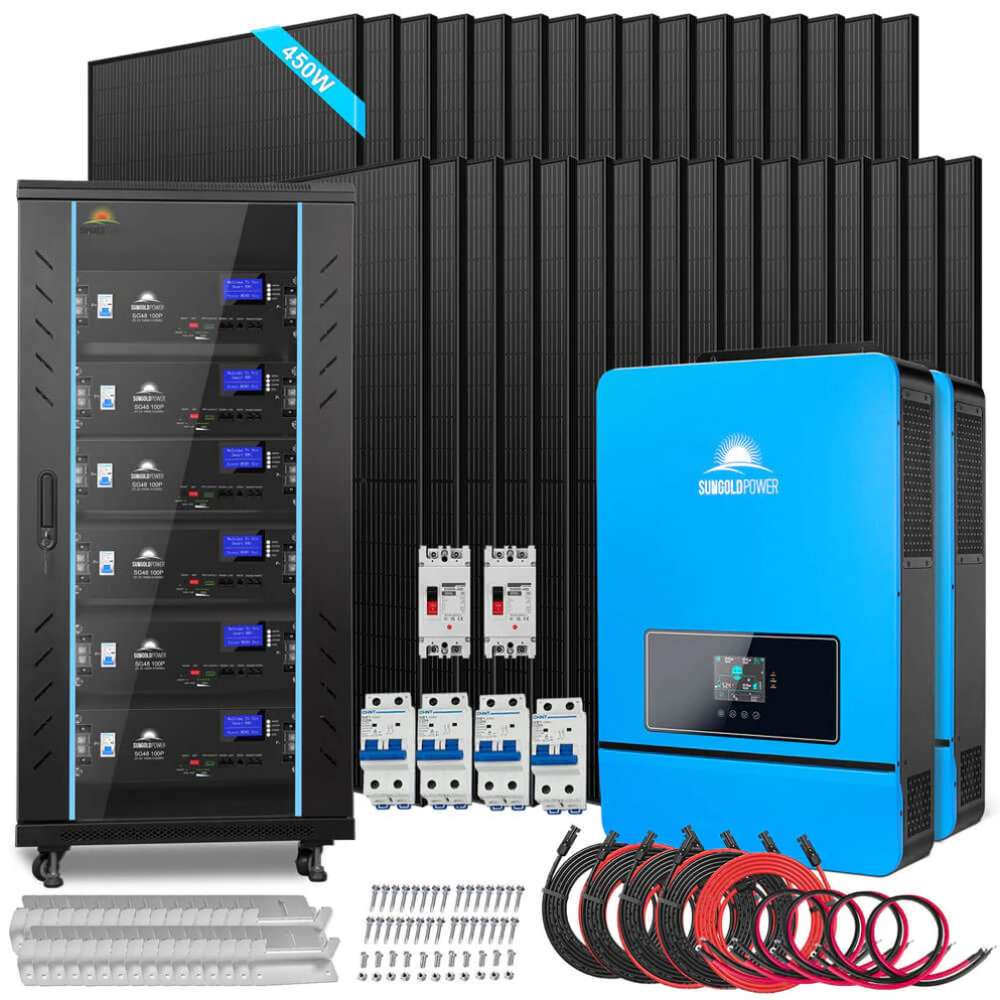 Solar panels, battery rack, inverters, cables, and breakers in Sun Gold Power 20000W 48VDC 120V/240V LiFePO4 30.72KWH Lithium Battery Off-Grid Solar Kit SGR-20K30E