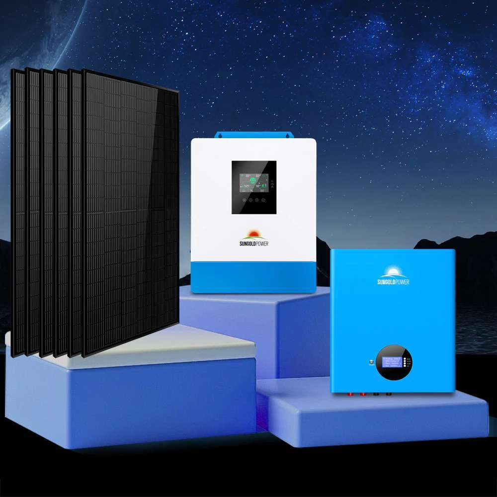 Solar panels, inverter, and lithium battery displayed for Sun Gold Power 5000W 48VDC 120V 10.24KWH Lithium Battery 2220W Solar Panel Off-Grid Solar Kit