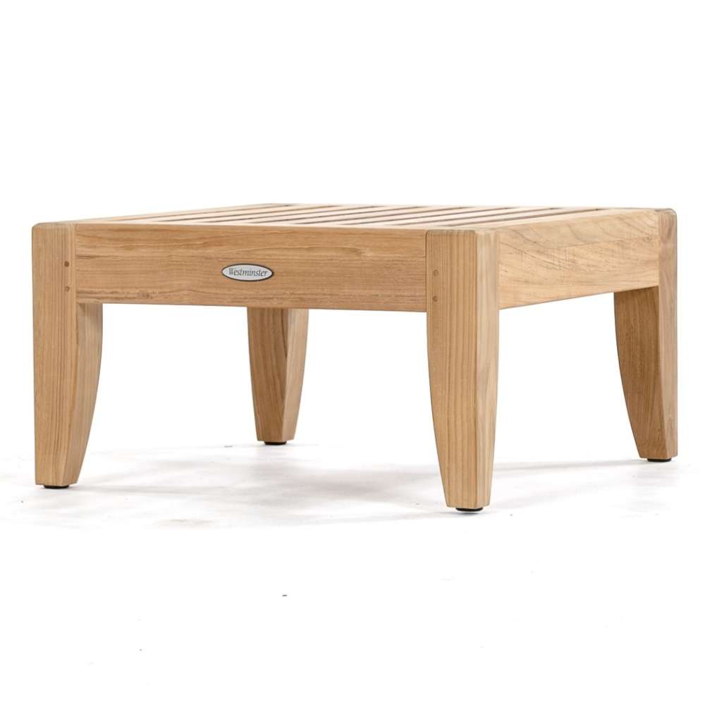 Solid teak wood frame of Westminster Teak Laguna Ottoman without a cushion featuring a slatted top and sturdy legs on a white background