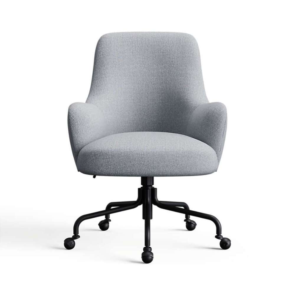 Spa Icon Chenille Crate & Barrel Bellevue Upholstered Office Chair in spa blue chenille with a cushioned seat and rolling black base