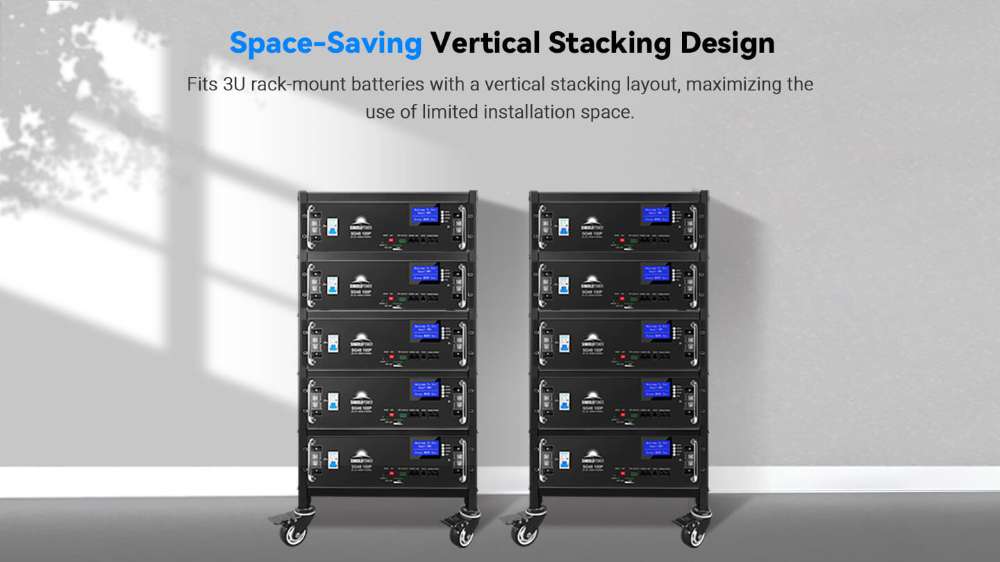 Space-saving Sun Gold Power 5-Layer Battery Rack stacked with lithium batteries for organized energy storage