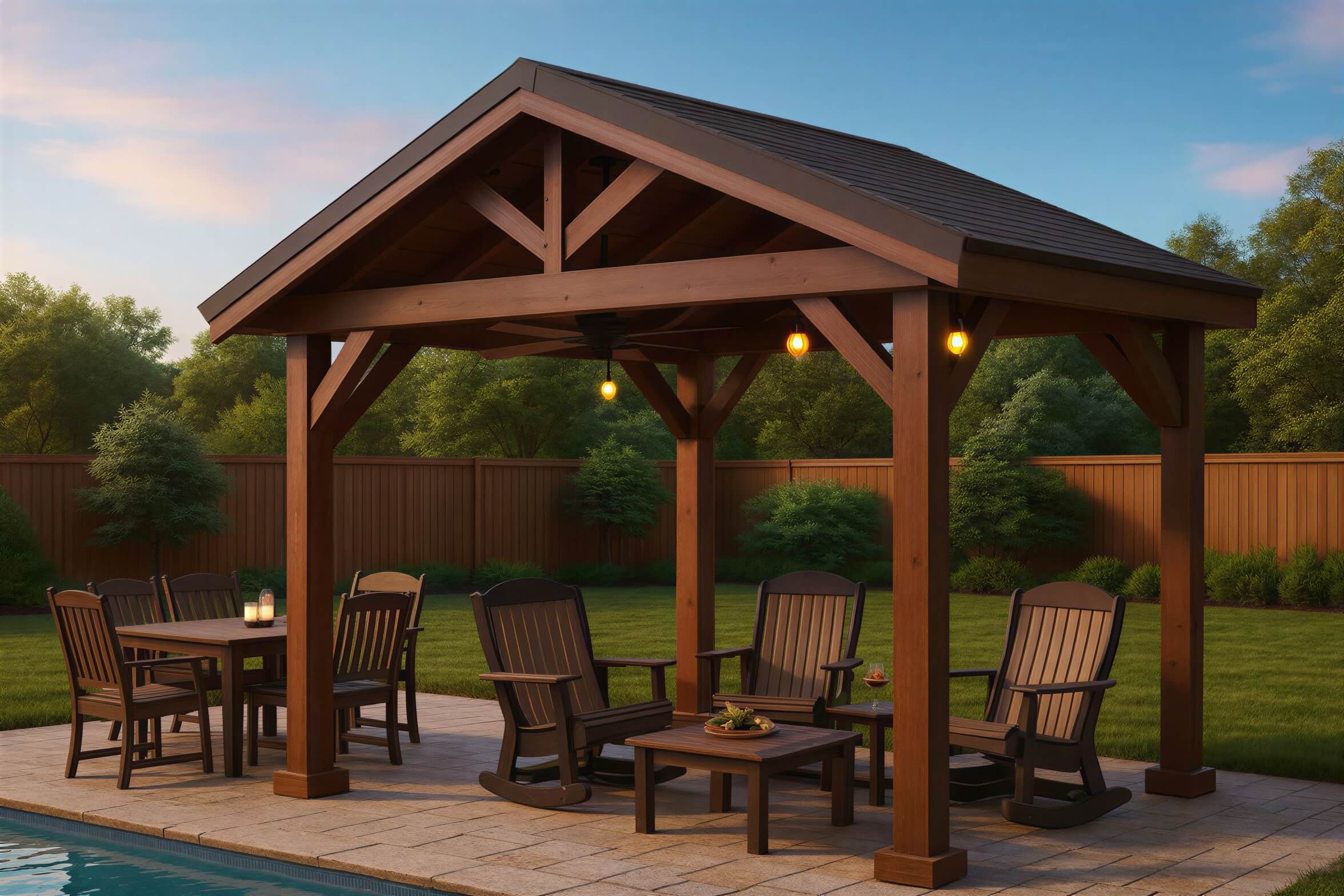 Spacious patio setup under Brookside Timber Frame Veranda Pavilion includes rocking chairs and a dining table, surrounded by a fenced green yard at sunset
