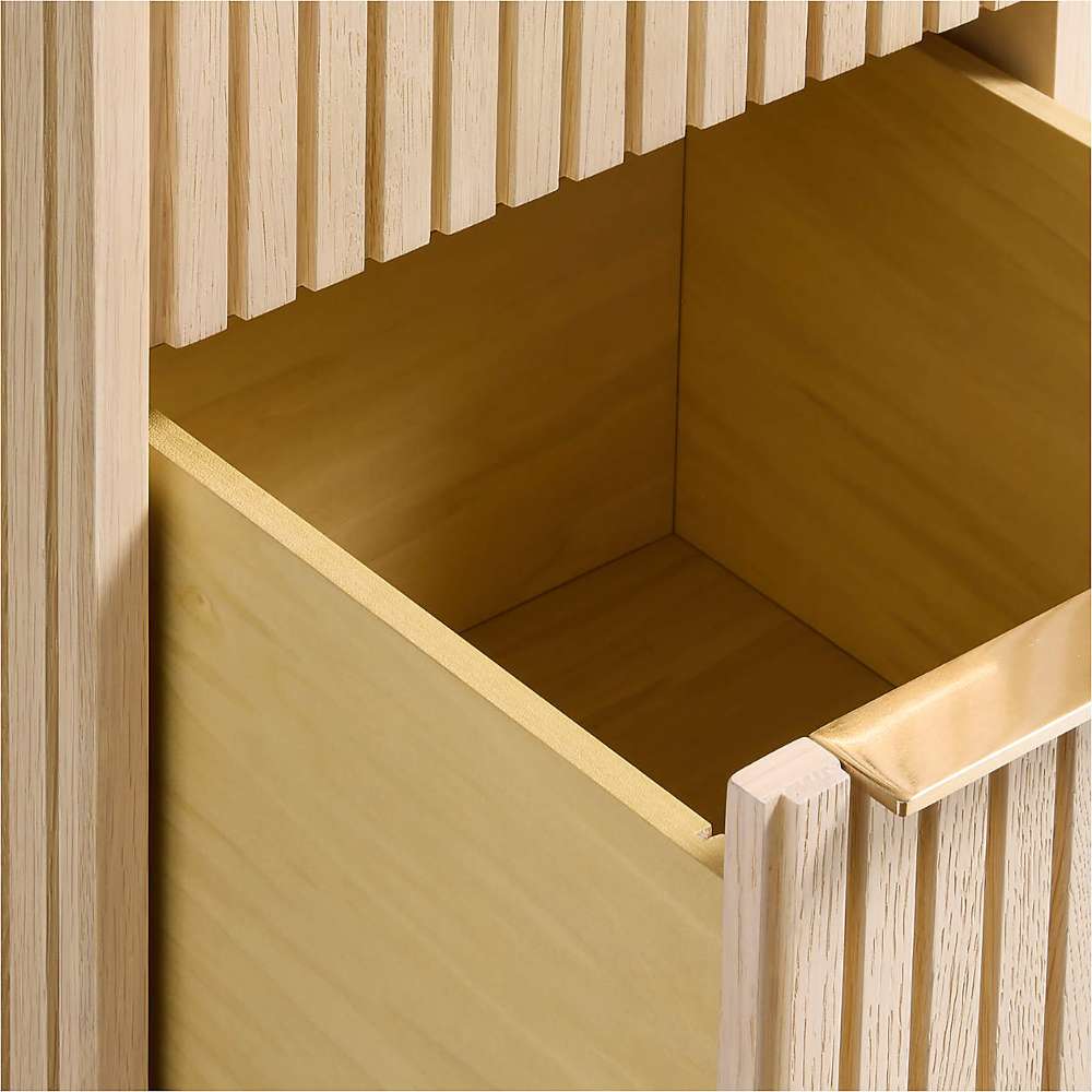 Spacious storage drawer inside Crate & Barrel Batten 62" White Oak Wood Console Desk with White Marble Top