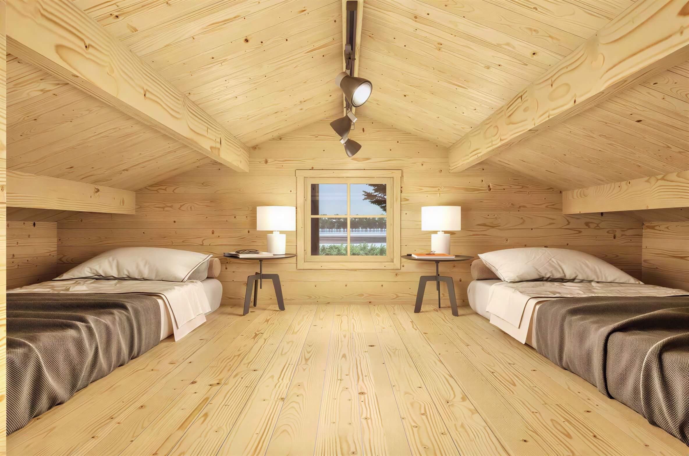 Spacious loft in the Sawmill Structures Edwin Lake House PLUS 70MM Garden Room has two single beds on either side, with a central window and soft lighting