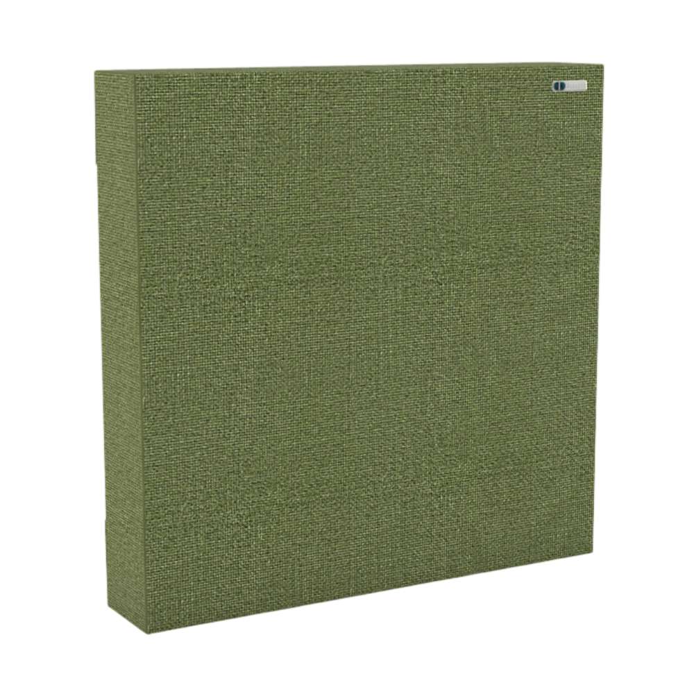 Square Fair Isle GIK Acoustics Classic Bass Trap in muted green fabric finish for controlling low-frequency reflections