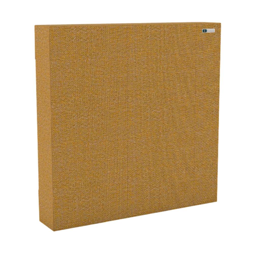 Square Maree GIK Acoustics Classic Bass Trap in golden tan fabric for controlling low-frequency sound