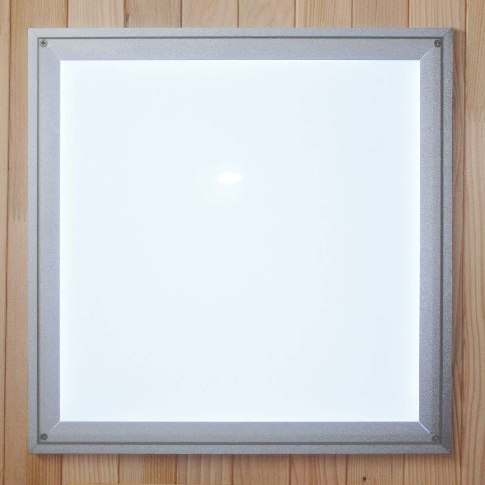Square frosted ceiling light set in the wood roof of Golden Designs Maxxus 3 Person Low EMF Far Infrared Sauna in Hemlock