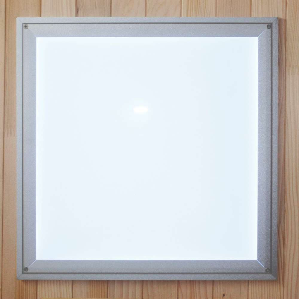 Square frosted ceiling light set in the wood roof of Golden Designs Maxxus 4 Person Low EMF Far Infrared Sauna in Hemlock