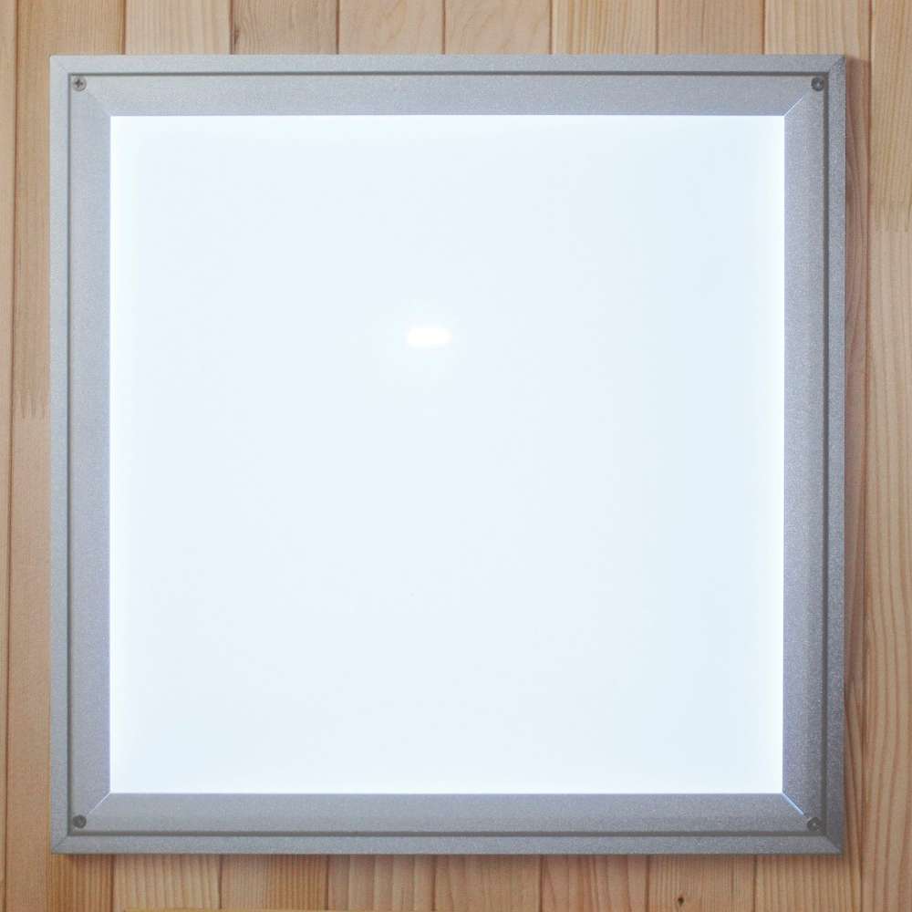 Square frosted ceiling light set in the wood roof of Golden Designs Maxxus Avignon 3 Person Corner Near Zero EMF Far Infrared Sauna in Red Cedar