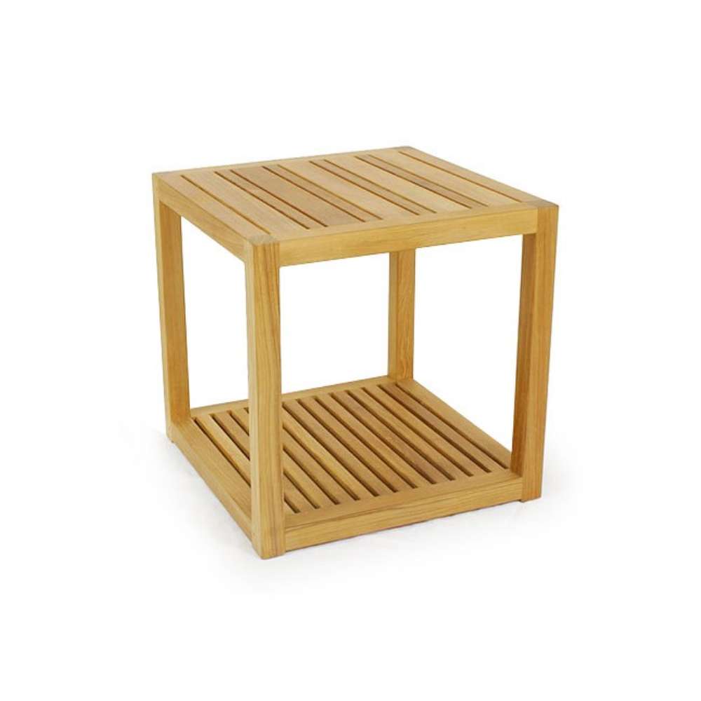 Square side table from Westminster Teak Maya 6pc Lounge Sofa Set displays a slatted top and bottom shelf with a simple, sturdy teak frame