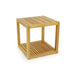 Square side table from Westminster Teak Maya 6pc Lounge Sofa Set displays a slatted top and bottom shelf with a simple, sturdy teak frame