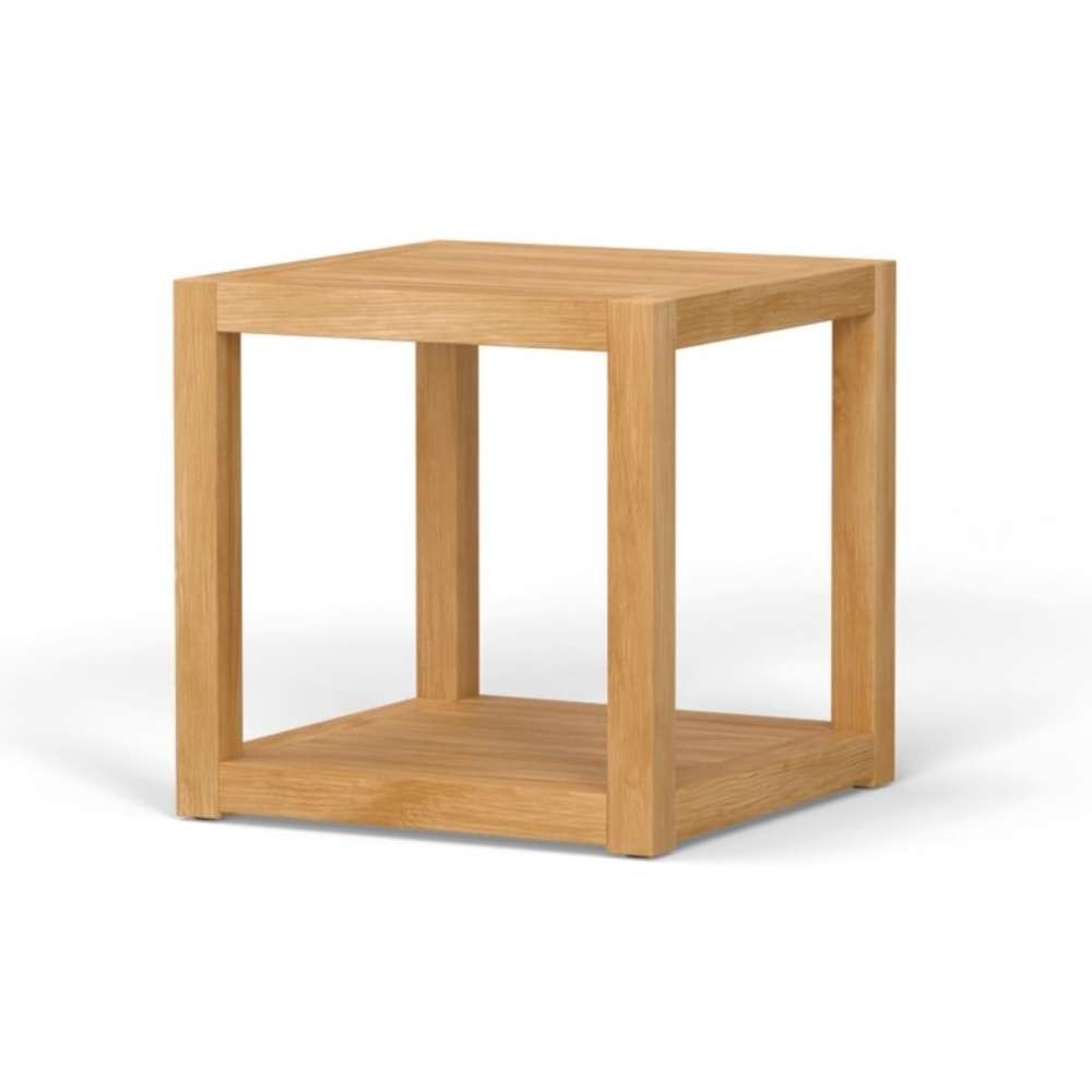 Square wooden Westminster Teak Horizon Teak Side Table with a smooth top and open lower shelf is shown against a plain background
