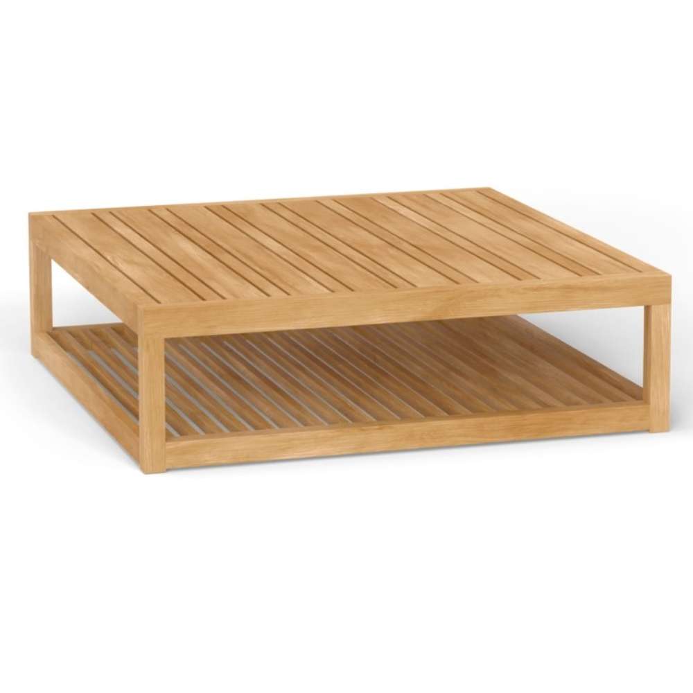 Square wooden Westminster Teak Maya Teak Coffee Table is shown from a front angle, featuring a slatted top and a lower shelf for storage