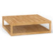 Square wooden Westminster Teak Maya Teak Coffee Table is shown from a front angle, featuring a slatted top and a lower shelf for storage