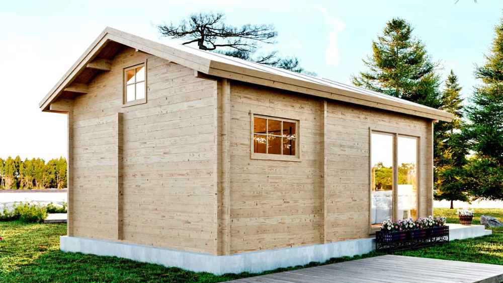 Sside and back view of the Sawmill Structures Edwin Lake House 70MM Garden Room highlights its solid wood construction and multiple windows surrounded by trees