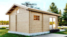 Sside and back view of the Sawmill Structures Edwin Lake House 70MM Garden Room highlights its solid wood construction and multiple windows surrounded by trees