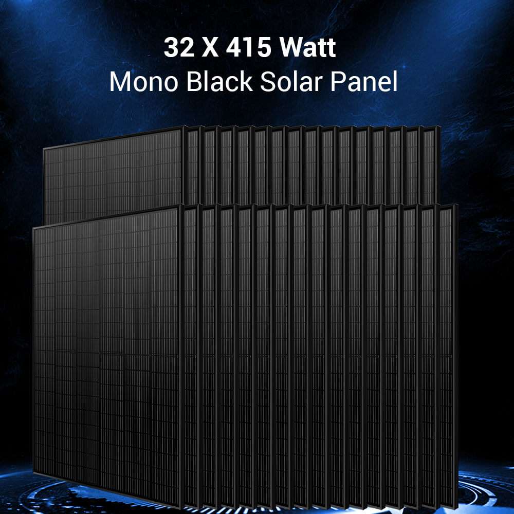 Stack of 32 black 415W solar panels for Sun Gold Power 15200W 48V Split Phase 30.72KWH Lithium Battery Hybrid Solar Kit